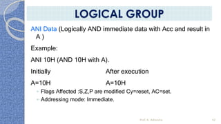 ANI Data (Logically AND immediate data with Acc and result in
A )
Example:
ANI 10H (AND 10H with A).
Initially After execution
A=10H A=10H
◦ Flags Affected :S,Z,P are modified Cy=reset, AC=set.
◦ Addressing mode: Immediate.
Prof. K. Adisesha 42
LOGICAL GROUP
 