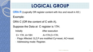 ORA R (Logically OR register content with Acc and result in A5 )
Example:
ORA C (OR the content of C with A).
Suppose the Data at C register is 17H.
Initially After execution
C= 17H ,A=10H A=17H,C=17H.
◦ Flags Affected :S,Z,P are modified Cy=reset, AC=reset.
◦ Addressing mode: Register.
Prof. K. Adisesha 43
LOGICAL GROUP
 
