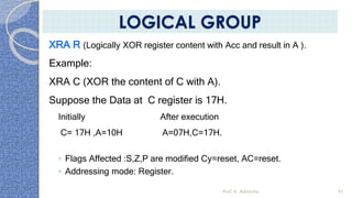 XRA R (Logically XOR register content with Acc and result in A ).
Example:
XRA C (XOR the content of C with A).
Suppose the Data at C register is 17H.
Initially After execution
C= 17H ,A=10H A=07H,C=17H.
◦ Flags Affected :S,Z,P are modified Cy=reset, AC=reset.
◦ Addressing mode: Register.
Prof. K. Adisesha 45
LOGICAL GROUP
 