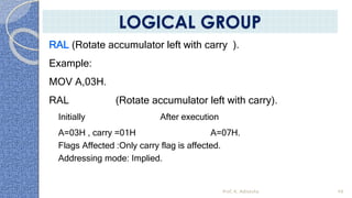 RAL (Rotate accumulator left with carry ).
Example:
MOV A,03H.
RAL (Rotate accumulator left with carry).
Initially After execution
A=03H , carry =01H A=07H.
Flags Affected :Only carry flag is affected.
Addressing mode: Implied.
Prof. K. Adisesha 49
LOGICAL GROUP
 