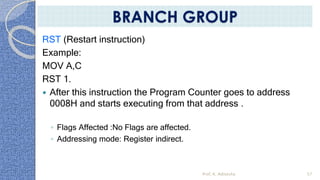 RST (Restart instruction)
Example:
MOV A,C
RST 1.
 After this instruction the Program Counter goes to address
0008H and starts executing from that address .
◦ Flags Affected :No Flags are affected.
◦ Addressing mode: Register indirect.
Prof. K. Adisesha 57
BRANCH GROUP
 