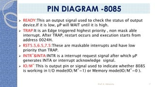  READY:This an output signal used to check the status of output
device.If it is low, µP will WAIT until it is high.
 TRAP:It is an Edge triggered highest priority , non mask able
interrupt. After TRAP, restart occurs and execution starts from
address 0024H.
 RST5.5,6.5,7.5:These are maskable interrupts and have low
priority than TRAP.
 INTR¯&INTA:INTR is a interrupt request signal after which µP
generates INTA or interrupt acknowledge signal.
 IO/M¯:This is output pin or signal used to indicate whether 8085
is working in I/O mode(IO/M¯=1) or Memory mode(IO/M¯=0 ).
Prof. K. Adisesha 7
PIN DIAGRAM -8085
 