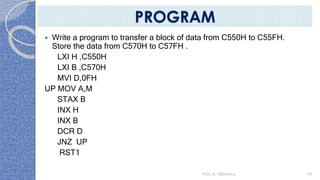  Write a program to transfer a block of data from C550H to C55FH.
Store the data from C570H to C57FH .
LXI H ,C550H
LXI B ,C570H
MVI D,0FH
UP MOV A,M
STAX B
INX H
INX B
DCR D
JNZ UP
RST1
Prof. K. Adisesha 70
PROGRAM
 