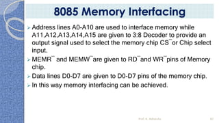  Address lines A0-A10 are used to interface memory while
A11,A12,A13,A14,A15 are given to 3:8 Decoder to provide an
output signal used to select the memory chip CS¯or Chip select
input.
 MEMR¯ and MEMW¯are given to RD¯and WR¯pins of Memory
chip.
 Data lines D0-D7 are given to D0-D7 pins of the memory chip.
 In this way memory interfacing can be achieved.
Prof. K. Adisesha 82
8085 Memory Interfacing
 
