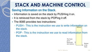 Saving Information on the Stack.
 Information is saved on the stack by PUSHing it on.
 It is retrieved from the stack by POPing it off.
 The 8085 provides two instructions:
◦ PUSH – This is the instruction we use to write information on
the stack.
◦ POP – This is the instruction we use to read information from
the stack.
Prof. K. Adisesha 104
STACK AND MACHINE CONTROL
 