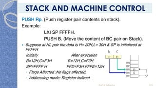 PUSH Rp. (Push register pair contents on stack).
Example:
LXI SP FFFFH.
PUSH B. (Move the content of BC pair on Stack).
 Suppose at HL pair the data is H= 20H,L= 30H & SP is initialized at
FFFFH
Initially After execution
B=12H,C=F3H B=12H,C=F3H.
SP=FFFF H FFD=F3H,FFFE=12H
◦ Flags Affected :No flags affected.
◦ Addressing mode: Register indirect.
Prof. K. Adisesha 105
STACK AND MACHINE CONTROL
 