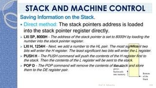 Saving Information on the Stack.
 Direct method: The stack pointers address is loaded
into the stack pointer register directly.
➢ LXI SP, 8000H – The address of the stack pointer is set to 8000H by loading the
number into the stack pointer register.
➢ LXI H, 1234H – Next, we add a number to the HL pair. The most significant two
bits will enter the H register. The least significant two bits will enter the L register.
➢ PUSH H – The PUSH command will push the contents of the H register first to
the stack. Then the contents of the L register will be sent to the stack.
➢ POP D – The POP command will remove the contents of the stack and store
them to the DE register pair.
Prof. K. Adisesha 109
STACK AND MACHINE CONTROL
 