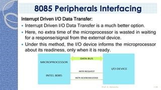 Interrupt Driven I/O Data Transfer:
 Interrupt Driven I/O Data Transfer is a much better option.
 Here, no extra time of the microprocessor is wasted in waiting
for a response/signal from the external device.
 Under this method, the I/O device informs the microprocessor
about its readiness, only when it is ready.
Prof. K. Adisesha 138
8085 Peripherals Interfacing
 
