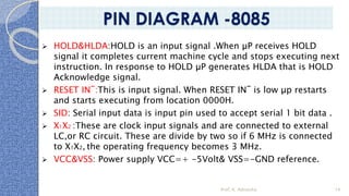 ➢ HOLD&HLDA:HOLD is an input signal .When µP receives HOLD
signal it completes current machine cycle and stops executing next
instruction. In response to HOLD µP generates HLDA that is HOLD
Acknowledge signal.
➢ RESET IN¯:This is input signal. When RESET IN¯ is low µp restarts
and starts executing from location 0000H.
➢ SID: Serial input data is input pin used to accept serial 1 bit data .
➢ X1X2 :These are clock input signals and are connected to external
LC,or RC circuit. These are divide by two so if 6 MHz is connected
to X1X2, the operating frequency becomes 3 MHz.
➢ VCC&VSS: Power supply VCC=+ -5Volt& VSS=-GND reference.
Prof. K. Adisesha 14
PIN DIAGRAM -8085
 