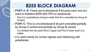  PORT A, B: These are bi-directional 8 bit ports each and are
used to interface 8255 with CPU or peripherals.
◦ Port A is controlled by Group A while Port B is controlled by Group B
Control.
 PORT C: This is a bi-directional 8 bit port controlled partially
by Group A control and partially by Group B control .
◦ It is divided into two parts Port C upper and Port C lower each of a
nibble.
 It is used mainly for control signals and interfacing with
peripherals.
Prof. K. Adisesha 148
8255 BLOCK DIAGRAM
 
