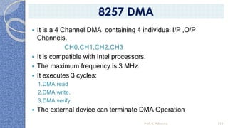  It is a 4 Channel DMA containing 4 individual I/P ,O/P
Channels.
CH0,CH1,CH2,CH3
 It is compatible with Intel processors.
 The maximum frequency is 3 MHz.
 It executes 3 cycles:
1.DMA read
2.DMA write.
3.DMA verify.
 The external device can terminate DMA Operation
Prof. K. Adisesha 153
8257 DMA
 