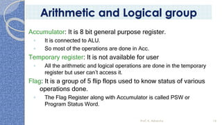 Accumulator: It is 8 bit general purpose register.
◦ It is connected to ALU.
◦ So most of the operations are done in Acc.
Temporary register: It is not available for user
◦ All the arithmetic and logical operations are done in the temporary
register but user can’t access it.
Flag: It is a group of 5 flip flops used to know status of various
operations done.
◦ The Flag Register along with Accumulator is called PSW or
Program Status Word.
Prof. K. Adisesha 16
Arithmetic and Logical group
 