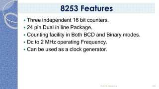  Three independent 16 bit counters.
 24 pin Dual in line Package.
 Counting facility in Both BCD and Binary modes.
 Dc to 2 MHz operating Frequency.
 Can be used as a clock generator.
Prof. K. Adisesha 160
8253 Features
 