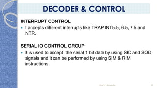 INTERRUPT CONTROL
 It accepts different interrupts like TRAP INT5.5, 6.5, 7.5 and
INTR.
SERIAL IO CONTROL GROUP
 It is used to accept the serial 1 bit data by using SID and SOD
signals and it can be performed by using SIM & RIM
instructions.
Prof. K. Adisesha 21
DECODER & CONTROL
 