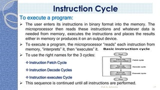 Prof. K. Adisesha 27
Instruction Cycle
To execute a program:
➢ The user enters its instructions in binary format into the memory. The
microprocessor then reads these instructions and whatever data is
needed from memory, executes the instructions and places the results
either in memory or produces it on an output device.
➢ To execute a program, the microprocessor “reads” each instruction from
memory, “interprets” it, then “executes” it.
➢ To use the right names for the 3 cycles:
❖Instruction Fetch Cycle
❖Instruction Decode Cycles
❖Instruction executes Cycle
➢ This sequence is continued until all instructions are performed.
 