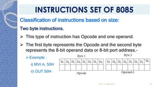 Classification of instructions based on size:
Two byte instructions.
➢ This type of instruction has Opcode and one operand.
➢ The first byte represents the Opcode and the second byte
represents the 8-bit operand data or 8-bit port address.–
➢Example :
i) MVI A, 50H
ii) OUT 50H
Prof. K. Adisesha 39
INSTRUCTIONS SET OF 8085
 