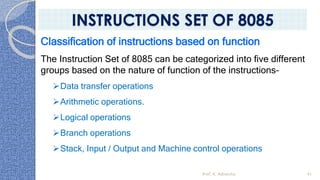 Classification of instructions based on function
The Instruction Set of 8085 can be categorized into five different
groups based on the nature of function of the instructions–
➢Data transfer operations
➢Arithmetic operations.
➢Logical operations
➢Branch operations
➢Stack, Input / Output and Machine control operations
Prof. K. Adisesha 41
INSTRUCTIONS SET OF 8085
 