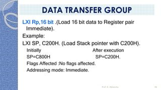 LXI Rp,16 bit .(Load 16 bit data to Register pair
Immediate).
Example:
LXI SP, C200H. (Load Stack pointer with C200H).
Initially After execution
SP=C800H SP=C200H.
Flags Affected :No flags affected.
Addressing mode: Immediate.
Prof. K. Adisesha 46
DATA TRANSFER GROUP
 