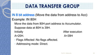 IN 8 bit address (Move the data from address to Acc)
Example: IN 80H
Move the data from 80H port address to Accumulator.
Suppose data at 80H is 39H.
Initially After execution
A=20H. A=39H
◦ Flags Affected :No flags affected.
◦ Addressing mode: Direct.
Prof. K. Adisesha 50
DATA TRANSFER GROUP
 