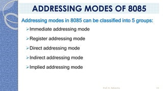 Addressing modes in 8085 can be classified into 5 groups:
➢Immediate addressing mode
➢Register addressing mode
➢Direct addressing mode
➢Indirect addressing mode
➢Implied addressing mode
Prof. K. Adisesha 54
ADDRESSING MODES OF 8085
 