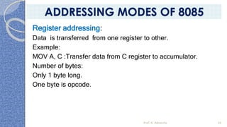Register addressing:
Data is transferred from one register to other.
Example:
MOV A, C :Transfer data from C register to accumulator.
Number of bytes:
Only 1 byte long.
One byte is opcode.
Prof. K. Adisesha 56
ADDRESSING MODES OF 8085
 