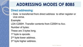 Direct addressing:
 Data is transferred from direct address to other register or
vice-versa.
Example:
LDA C200H .Transfer contents from C200H to Acc.
Number of bytes:
These are 3 bytes long.
1st byte is opcode.
2nd byte lower address.
3rd byte higher address.
Prof. K. Adisesha 57
ADDRESSING MODES OF 8085
 