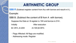SBB R (Subtract register content from Acc with borrow and result in A ).
Example:
SBB B. (Subtract the content of B from A with borrow).
Suppose the Data at B register is 10H and borrow is 01H .
Initially After execution
B= 0FH ,A=20H A=10H,B=0FH.
◦ Flags Affected :All flags are modified.
◦ Addressing mode: Register
Prof. K. Adisesha 66
ARITHMETIC GROUP
 
