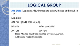 ANI Data (Logically AND immediate data with Acc and result in
A )
Example:
ANI 10H (AND 10H with A).
Initially After execution
A=10H A=10H
◦ Flags Affected :S,Z,P are modified Cy=reset, AC=set.
◦ Addressing mode: Immediate.
Prof. K. Adisesha 75
LOGICAL GROUP
 
