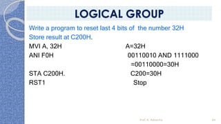 Write a program to reset last 4 bits of the number 32H
Store result at C200H.
MVI A, 32H A=32H
ANI F0H 00110010 AND 1111000
=00110000=30H
STA C200H. C200=30H
RST1 Stop
Prof. K. Adisesha 84
LOGICAL GROUP
 