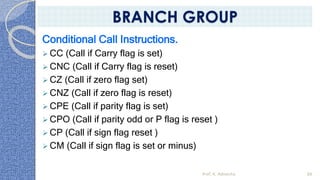 Conditional Call Instructions.
➢ CC (Call if Carry flag is set)
➢ CNC (Call if Carry flag is reset)
➢ CZ (Call if zero flag set)
➢ CNZ (Call if zero flag is reset)
➢ CPE (Call if parity flag is set)
➢ CPO (Call if parity odd or P flag is reset )
➢ CP (Call if sign flag reset )
➢ CM (Call if sign flag is set or minus)
Prof. K. Adisesha 88
BRANCH GROUP
 