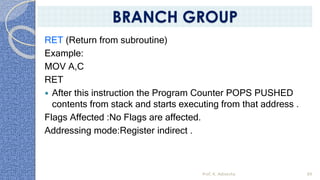 RET (Return from subroutine)
Example:
MOV A,C
RET
 After this instruction the Program Counter POPS PUSHED
contents from stack and starts executing from that address .
Flags Affected :No Flags are affected.
Addressing mode:Register indirect .
Prof. K. Adisesha 89
BRANCH GROUP
 