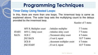 Timer Delay Using Nested Loops:
In this, there are more than one loops. The innermost loop is same as
explained above. The outer loop sets the multiplying count to the delays
provided by the innermost loop.
Prof. K. Adisesha 95
Programming Techniques
 