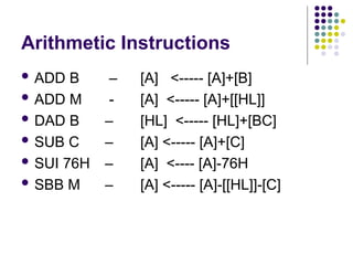 Arithmetic Instructions
 ADD B – [A] <----- [A]+[B]
 ADD M - [A] <----- [A]+[[HL]]
 DAD B – [HL] <----- [HL]+[BC]
 SUB C – [A] <----- [A]+[C]
 SUI 76H – [A] <---- [A]-76H
 SBB M – [A] <----- [A]-[[HL]]-[C]
 