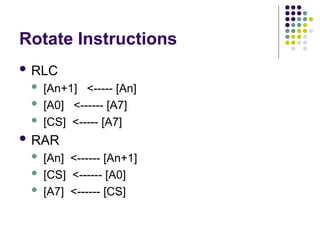 Rotate Instructions
 RLC
 [An+1] <----- [An]
 [A0] <------ [A7]
 [CS] <----- [A7]
 RAR
 [An] <------ [An+1]
 [CS] <------ [A0]
 [A7] <------ [CS]
 