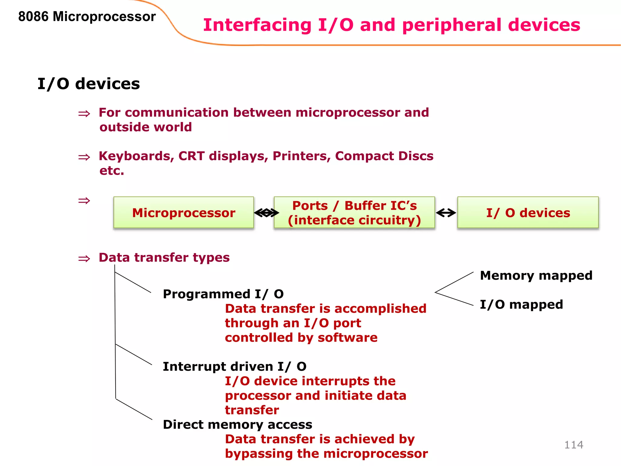 Interfacing I/O and peripheral devices
114
8086 Microprocessor
I/O devices
 For communication between microprocessor and
outside world
 Keyboards, CRT displays, Printers, Compact Discs
etc.

 Data transfer types
Microprocessor I/ O devices
Ports / Buffer IC’s
(interface circuitry)
Programmed I/ O
Data transfer is accomplished
through an I/O port
controlled by software
Interrupt driven I/ O
I/O device interrupts the
processor and initiate data
transfer
Direct memory access
Data transfer is achieved by
bypassing the microprocessor
Memory mapped
I/O mapped
 