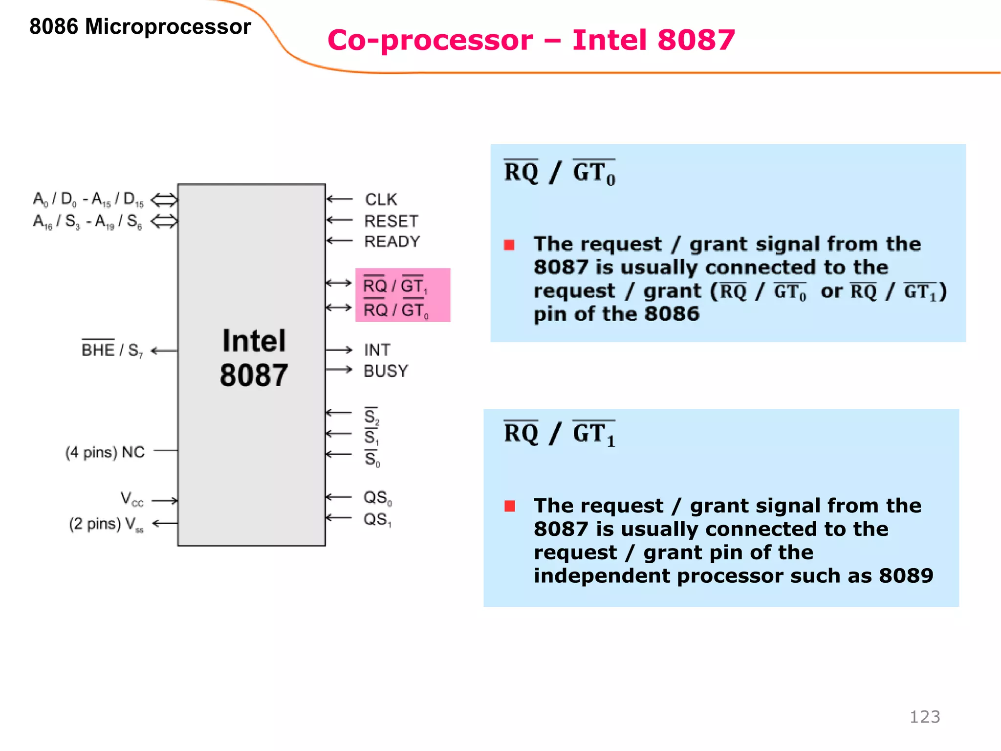 Co-processor – Intel 8087
123
8086 Microprocessor
The request / grant signal from the
8087 is usually connected to the
request / grant pin of the
independent processor such as 8089
 
