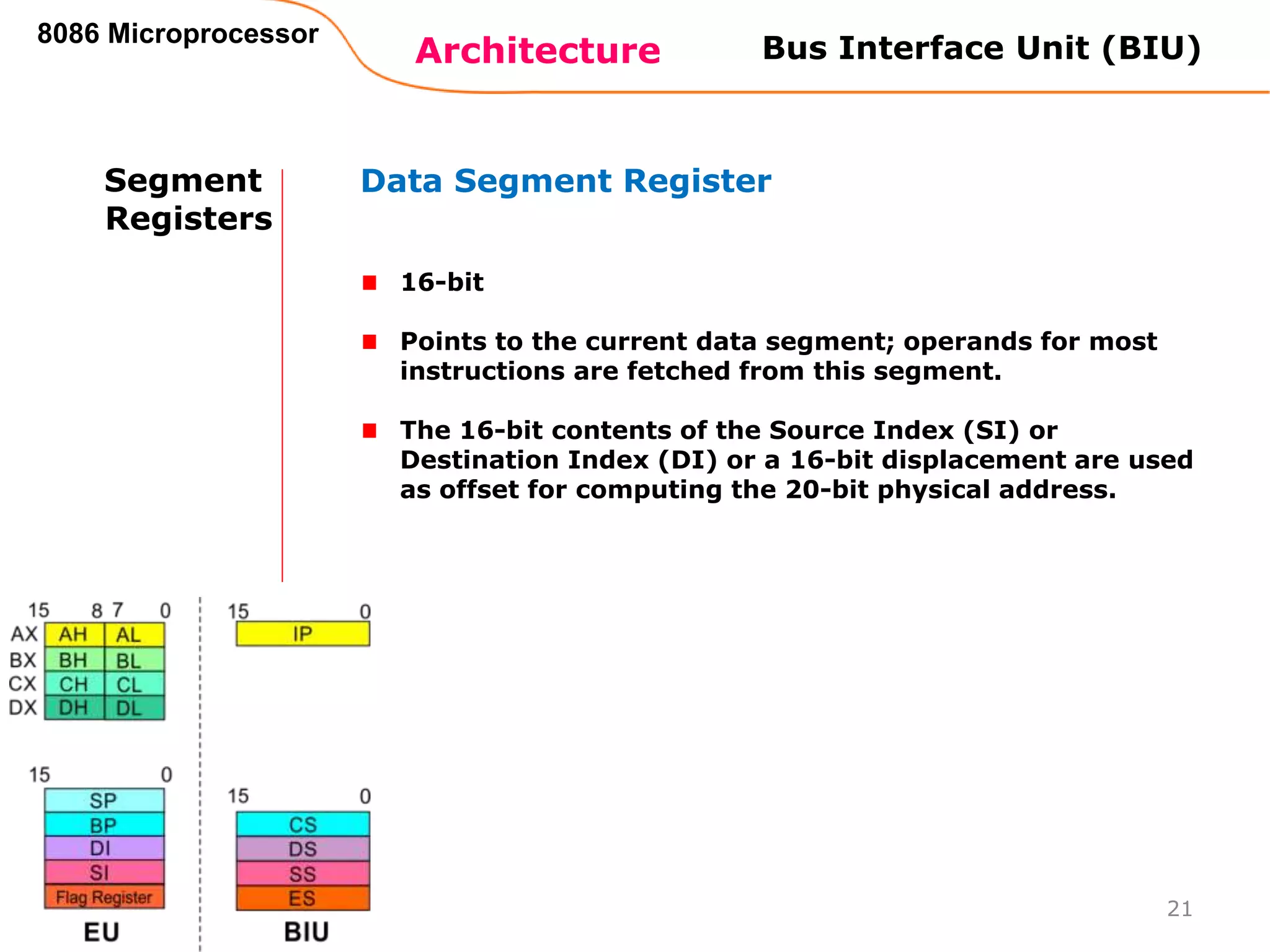 Architecture
8086 Microprocessor
21
Bus Interface Unit (BIU)
Segment
Registers
Data Segment Register
16-bit
Points to the current data segment; operands for most
instructions are fetched from this segment.
The 16-bit contents of the Source Index (SI) or
Destination Index (DI) or a 16-bit displacement are used
as offset for computing the 20-bit physical address.
 