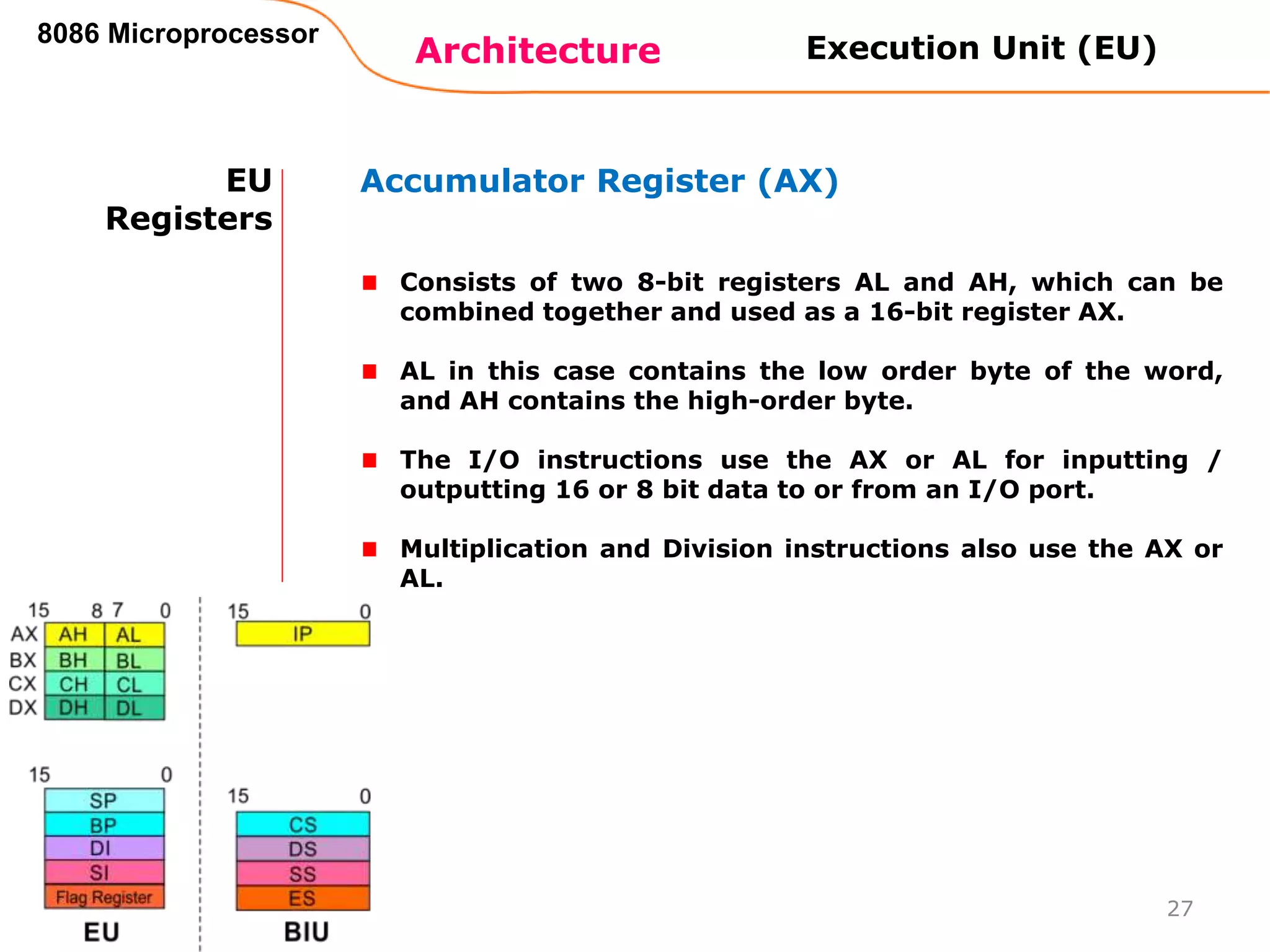 Architecture
8086 Microprocessor
27
EU
Registers
Accumulator Register (AX)
Consists of two 8-bit registers AL and AH, which can be
combined together and used as a 16-bit register AX.
AL in this case contains the low order byte of the word,
and AH contains the high-order byte.
The I/O instructions use the AX or AL for inputting /
outputting 16 or 8 bit data to or from an I/O port.
Multiplication and Division instructions also use the AX or
AL.
Execution Unit (EU)
 