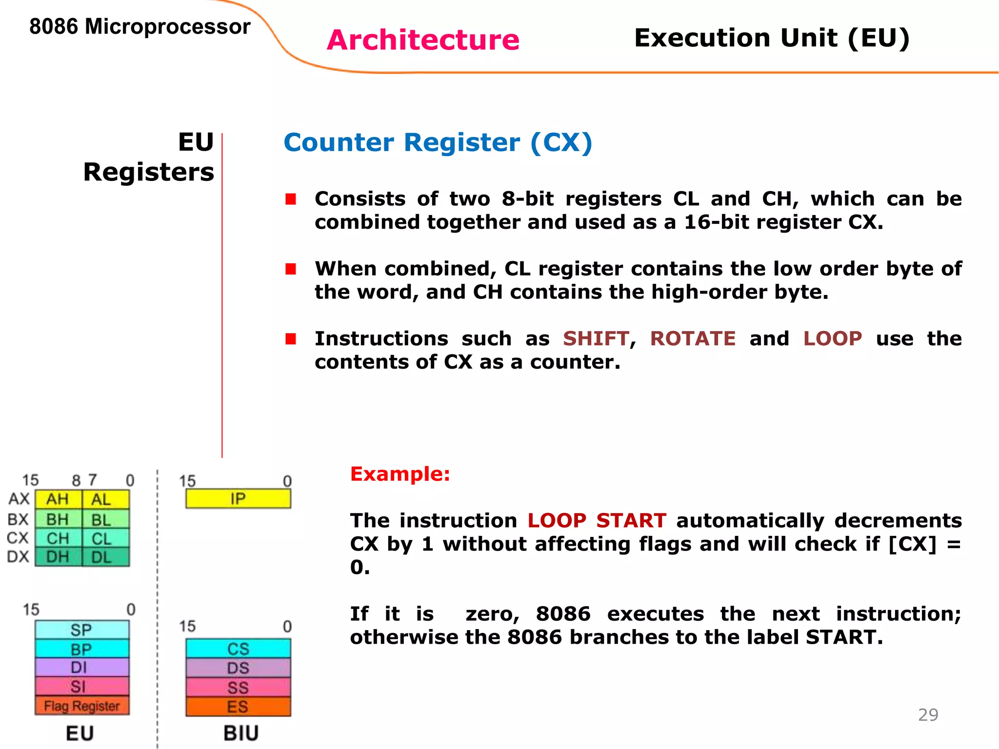 Architecture
8086 Microprocessor
29
EU
Registers
Counter Register (CX)
Consists of two 8-bit registers CL and CH, which can be
combined together and used as a 16-bit register CX.
When combined, CL register contains the low order byte of
the word, and CH contains the high-order byte.
Instructions such as SHIFT, ROTATE and LOOP use the
contents of CX as a counter.
Execution Unit (EU)
Example:
The instruction LOOP START automatically decrements
CX by 1 without affecting flags and will check if [CX] =
0.
If it is zero, 8086 executes the next instruction;
otherwise the 8086 branches to the label START.
 