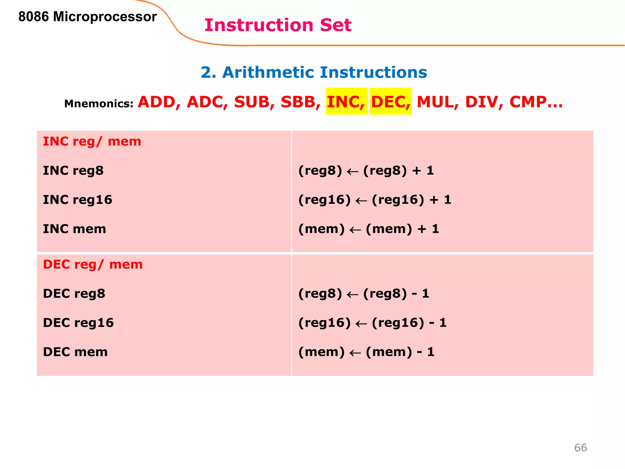 2. Arithmetic Instructions
Instruction Set
66
8086 Microprocessor
Mnemonics: ADD, ADC, SUB, SBB, INC, DEC, MUL, DIV, CMP…
INC reg/ mem
INC reg8
INC reg16
INC mem
(reg8)  (reg8) + 1
(reg16)  (reg16) + 1
(mem)  (mem) + 1
DEC reg/ mem
DEC reg8
DEC reg16
DEC mem
(reg8)  (reg8) - 1
(reg16)  (reg16) - 1
(mem)  (mem) - 1
 