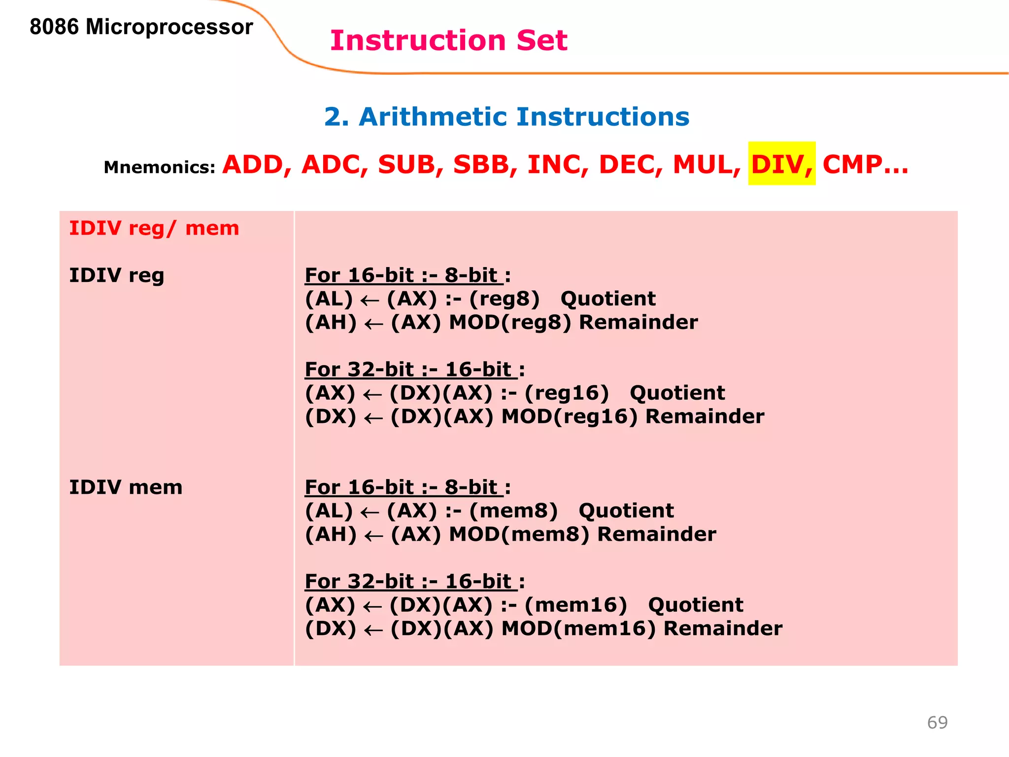 2. Arithmetic Instructions
Instruction Set
69
8086 Microprocessor
Mnemonics: ADD, ADC, SUB, SBB, INC, DEC, MUL, DIV, CMP…
IDIV reg/ mem
IDIV reg
IDIV mem
For 16-bit :- 8-bit :
(AL)  (AX) :- (reg8) Quotient
(AH)  (AX) MOD(reg8) Remainder
For 32-bit :- 16-bit :
(AX)  (DX)(AX) :- (reg16) Quotient
(DX)  (DX)(AX) MOD(reg16) Remainder
For 16-bit :- 8-bit :
(AL)  (AX) :- (mem8) Quotient
(AH)  (AX) MOD(mem8) Remainder
For 32-bit :- 16-bit :
(AX)  (DX)(AX) :- (mem16) Quotient
(DX)  (DX)(AX) MOD(mem16) Remainder
 