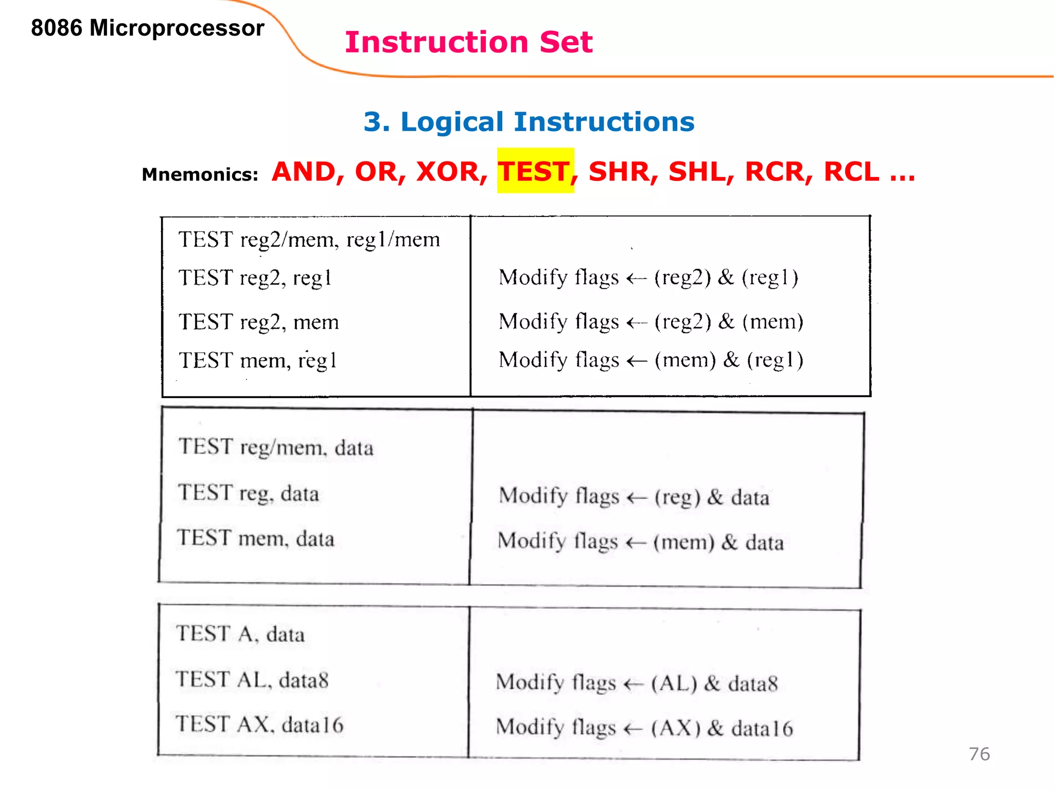 3. Logical Instructions
Instruction Set
76
8086 Microprocessor
Mnemonics: AND, OR, XOR, TEST, SHR, SHL, RCR, RCL …
 