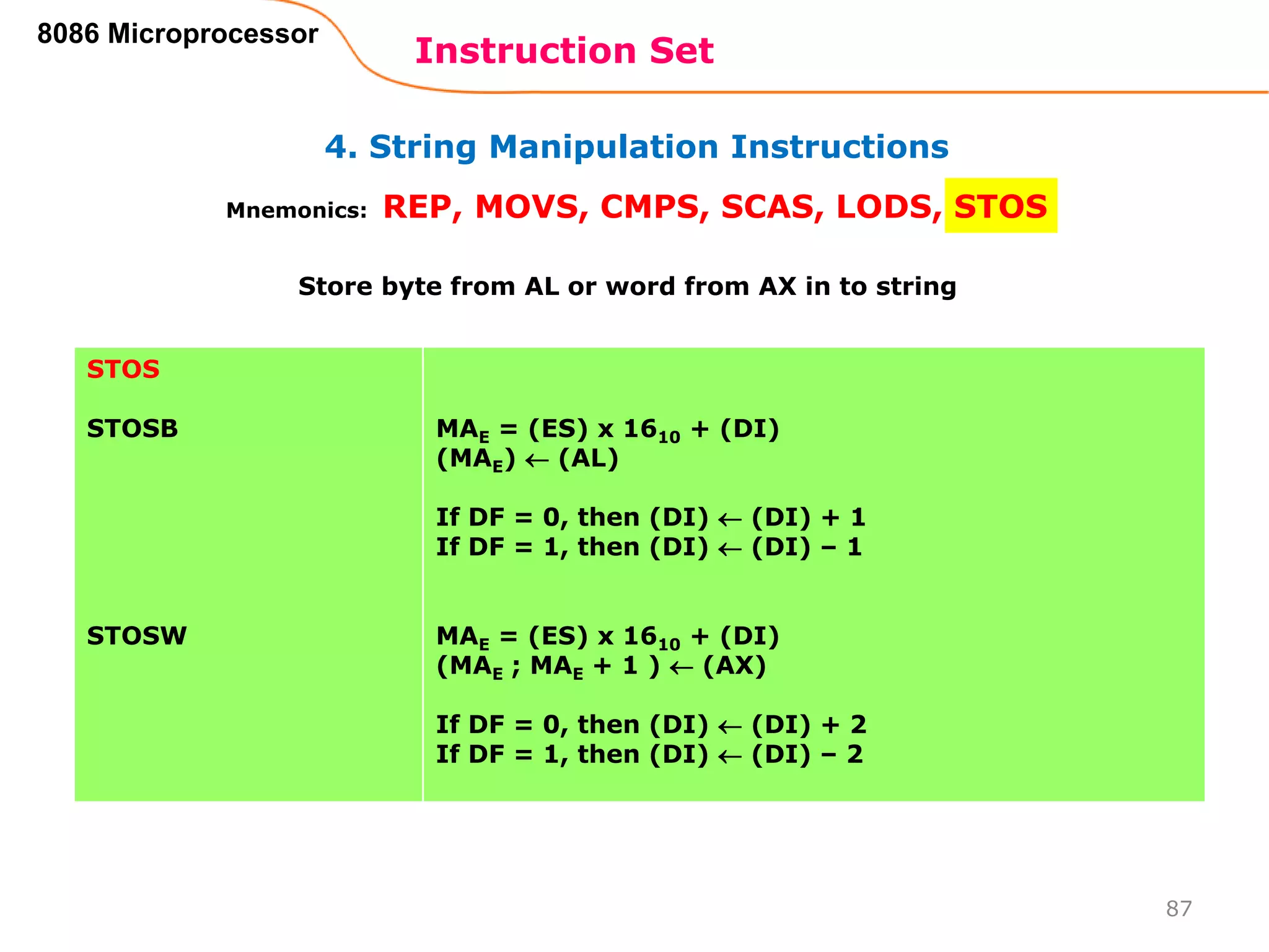 4. String Manipulation Instructions
Instruction Set
87
8086 Microprocessor
Mnemonics: REP, MOVS, CMPS, SCAS, LODS, STOS
STOS
STOSB
STOSW
MAE = (ES) x 1610 + (DI)
(MAE)  (AL)
If DF = 0, then (DI)  (DI) + 1
If DF = 1, then (DI)  (DI) – 1
MAE = (ES) x 1610 + (DI)
(MAE ; MAE + 1 )  (AX)
If DF = 0, then (DI)  (DI) + 2
If DF = 1, then (DI)  (DI) – 2
Store byte from AL or word from AX in to string
 