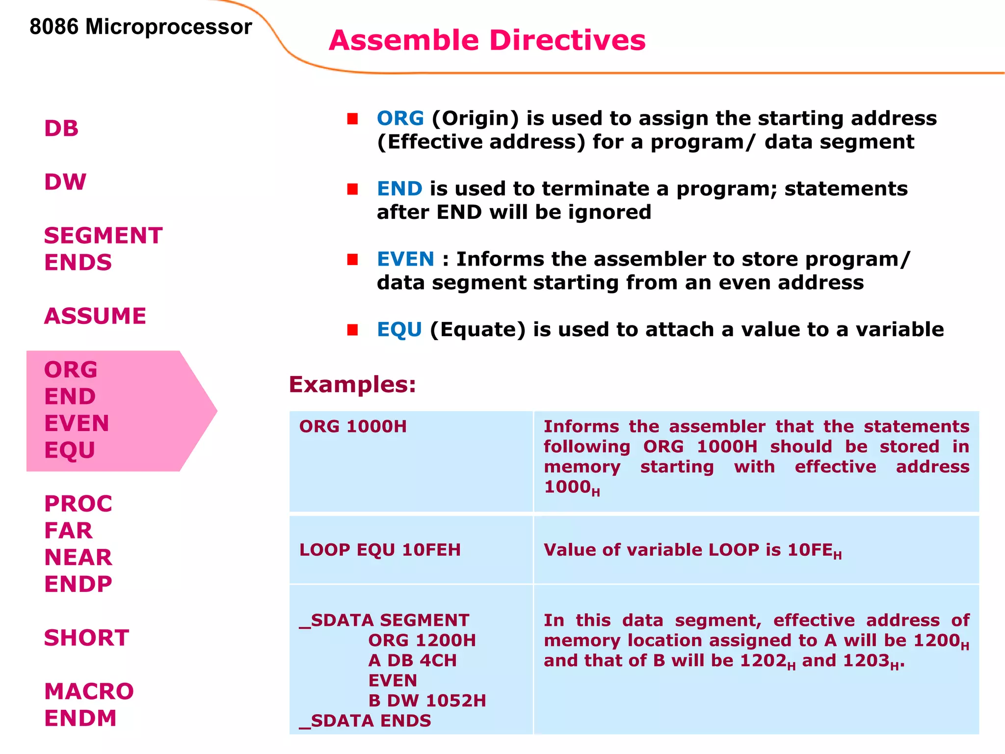 Assemble Directives
99
8086 Microprocessor
DB
DW
SEGMENT
ENDS
ASSUME
ORG
END
EVEN
EQU
PROC
FAR
NEAR
ENDP
SHORT
MACRO
ENDM
ORG (Origin) is used to assign the starting address
(Effective address) for a program/ data segment
END is used to terminate a program; statements
after END will be ignored
EVEN : Informs the assembler to store program/
data segment starting from an even address
EQU (Equate) is used to attach a value to a variable
ORG 1000H Informs the assembler that the statements
following ORG 1000H should be stored in
memory starting with effective address
1000H
LOOP EQU 10FEH Value of variable LOOP is 10FEH
_SDATA SEGMENT
ORG 1200H
A DB 4CH
EVEN
B DW 1052H
_SDATA ENDS
In this data segment, effective address of
memory location assigned to A will be 1200H
and that of B will be 1202H and 1203H.
Examples:
 