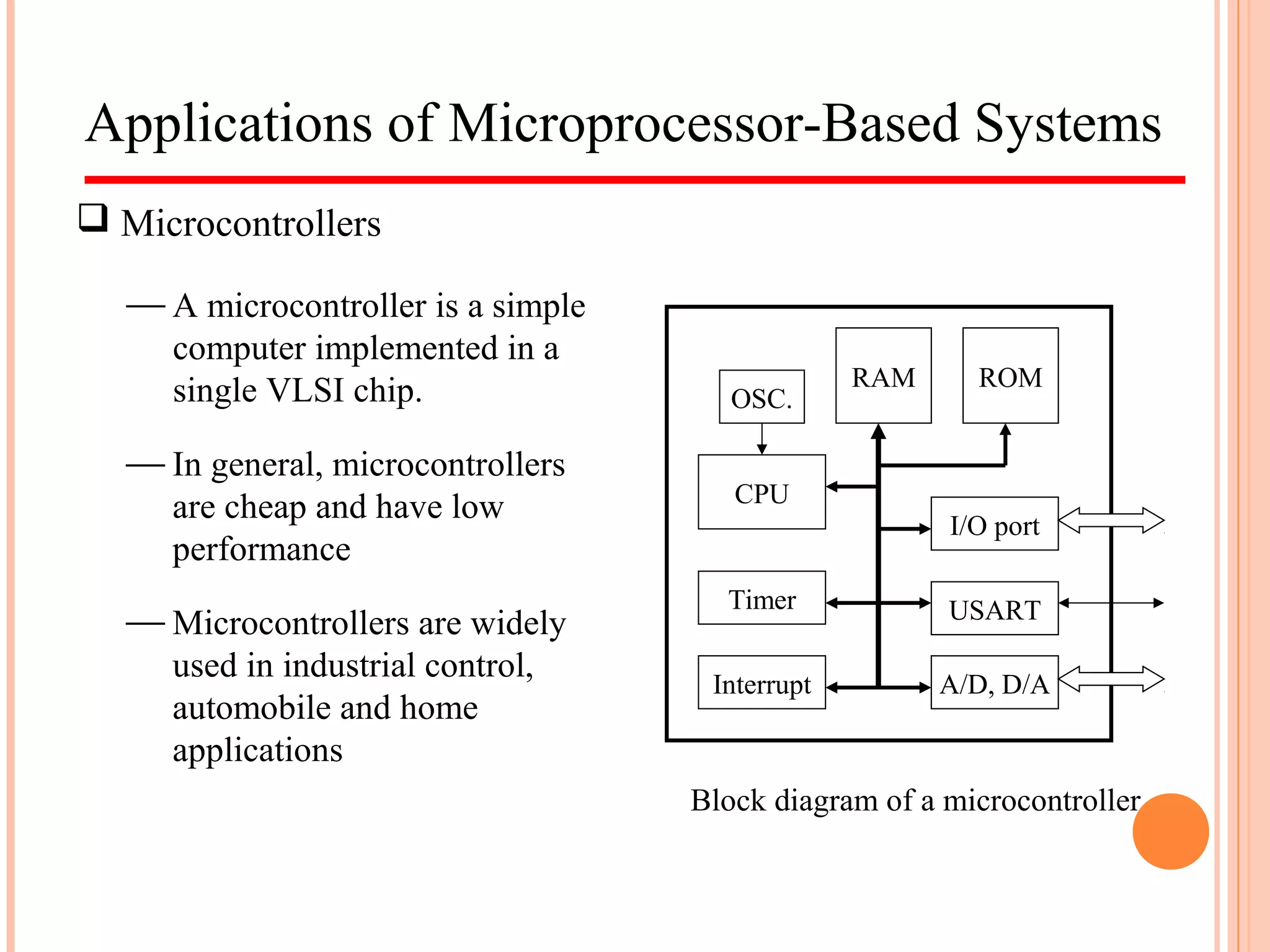 CPU
RAM ROM
Timer
Interrupt
I/O port
USART
A/D, D/A
OSC.
Applications of Microprocessor-Based Systems
 Microcontrollers
Block diagram of a microcontroller
 In general, microcontrollers
are cheap and have low
performance
 A microcontroller is a simple
computer implemented in a
single VLSI chip.
 Microcontrollers are widely
used in industrial control,
automobile and home
applications
 