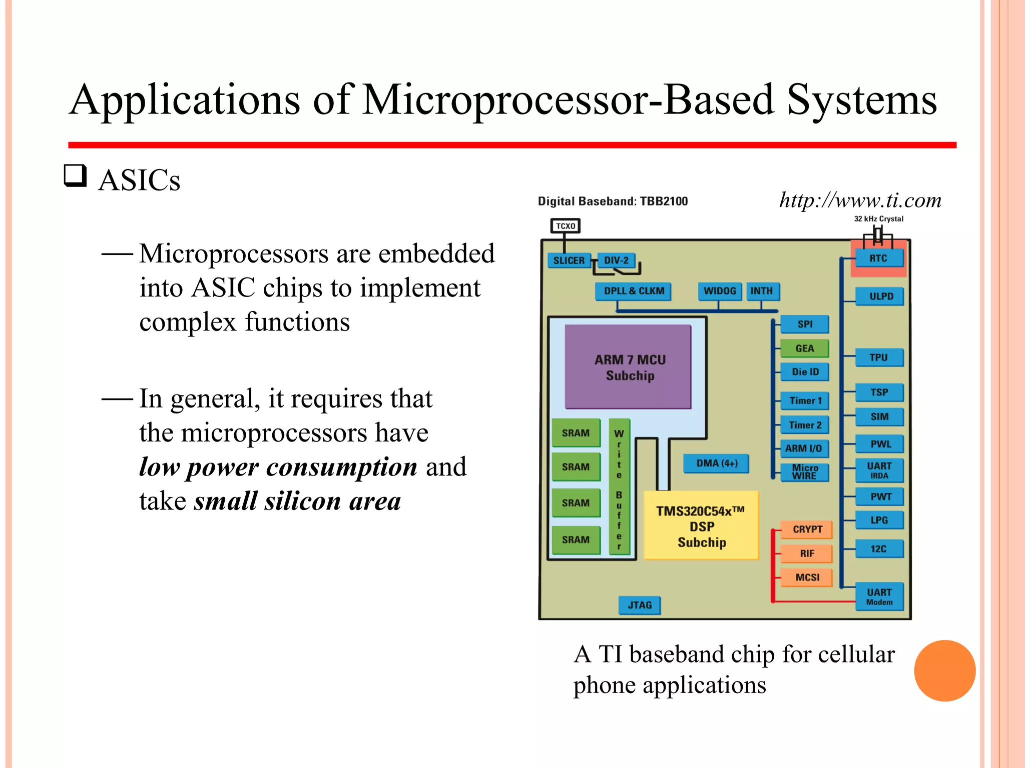 http://www.ti.com
Applications of Microprocessor-Based Systems
 ASICs
 Microprocessors are embedded
into ASIC chips to implement
complex functions
 In general, it requires that
the microprocessors have
low power consumption and
take small silicon area
A TI baseband chip for cellular
phone applications
 