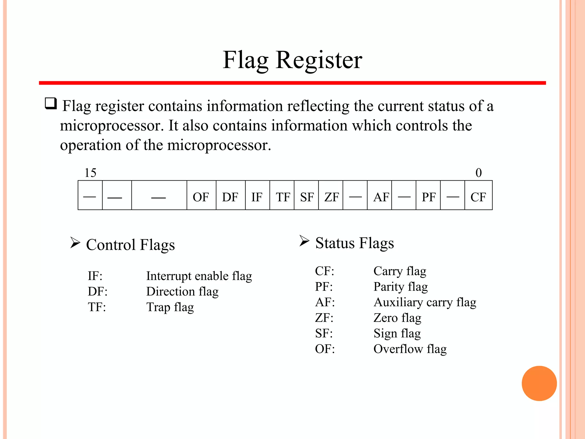 Flag Register
 OF DF IF TF ZFSF  AF PF CF 
015
 Control Flags  Status Flags
IF: Interrupt enable flag
DF: Direction flag
TF: Trap flag
CF: Carry flag
PF: Parity flag
AF: Auxiliary carry flag
ZF: Zero flag
SF: Sign flag
OF: Overflow flag
 Flag register contains information reflecting the current status of a
microprocessor. It also contains information which controls the
operation of the microprocessor.
 
 