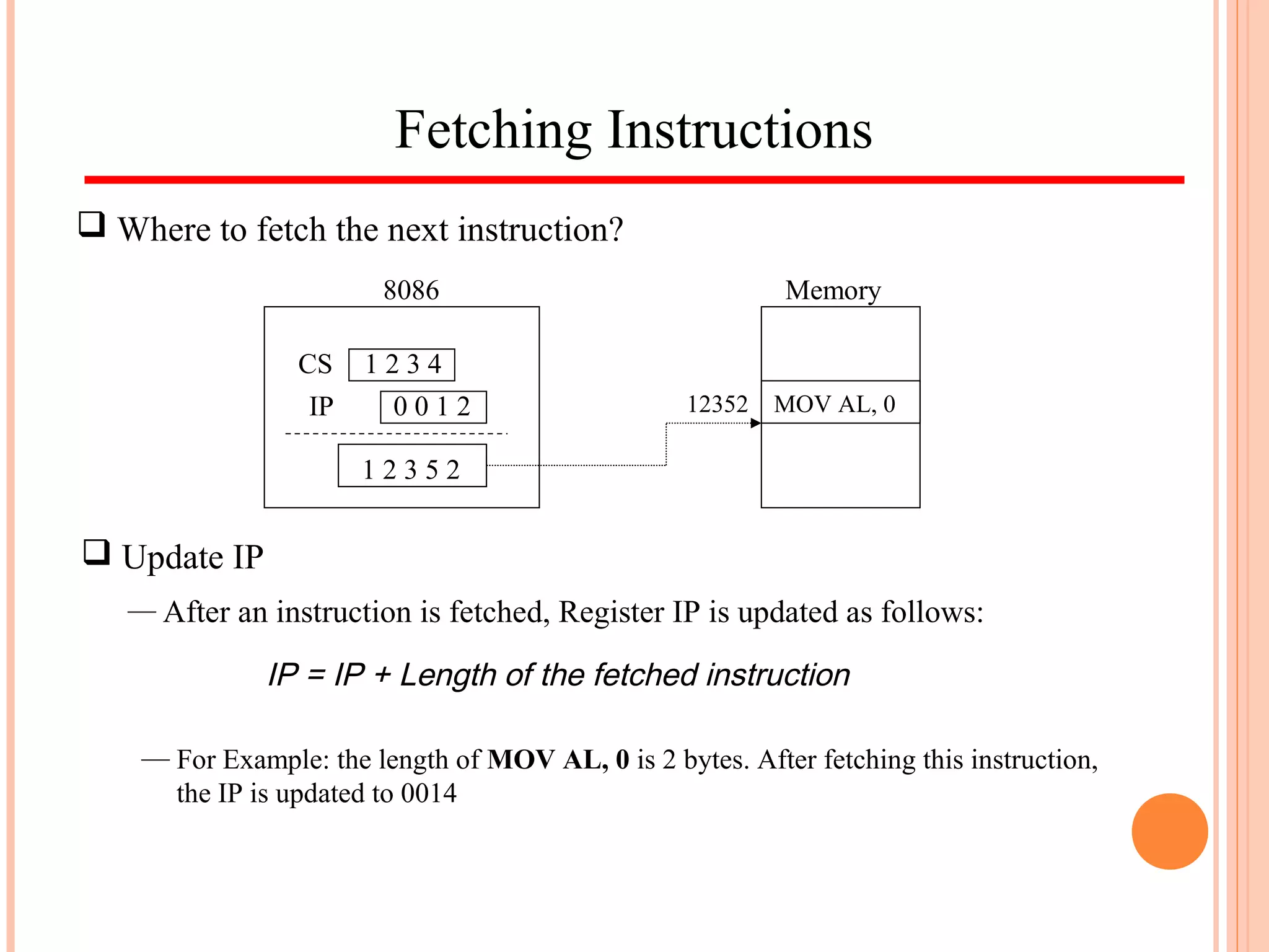 Fetching Instructions
 Where to fetch the next instruction?
CS
IP
1 2 3 4
0 0 1 2
1 2 3 5 2
12352 MOV AL, 0
8086 Memory
 Update IP
— After an instruction is fetched, Register IP is updated as follows:
IP = IP + Length of the fetched instruction
— For Example: the length of MOV AL, 0 is 2 bytes. After fetching this instruction,
the IP is updated to 0014
 
