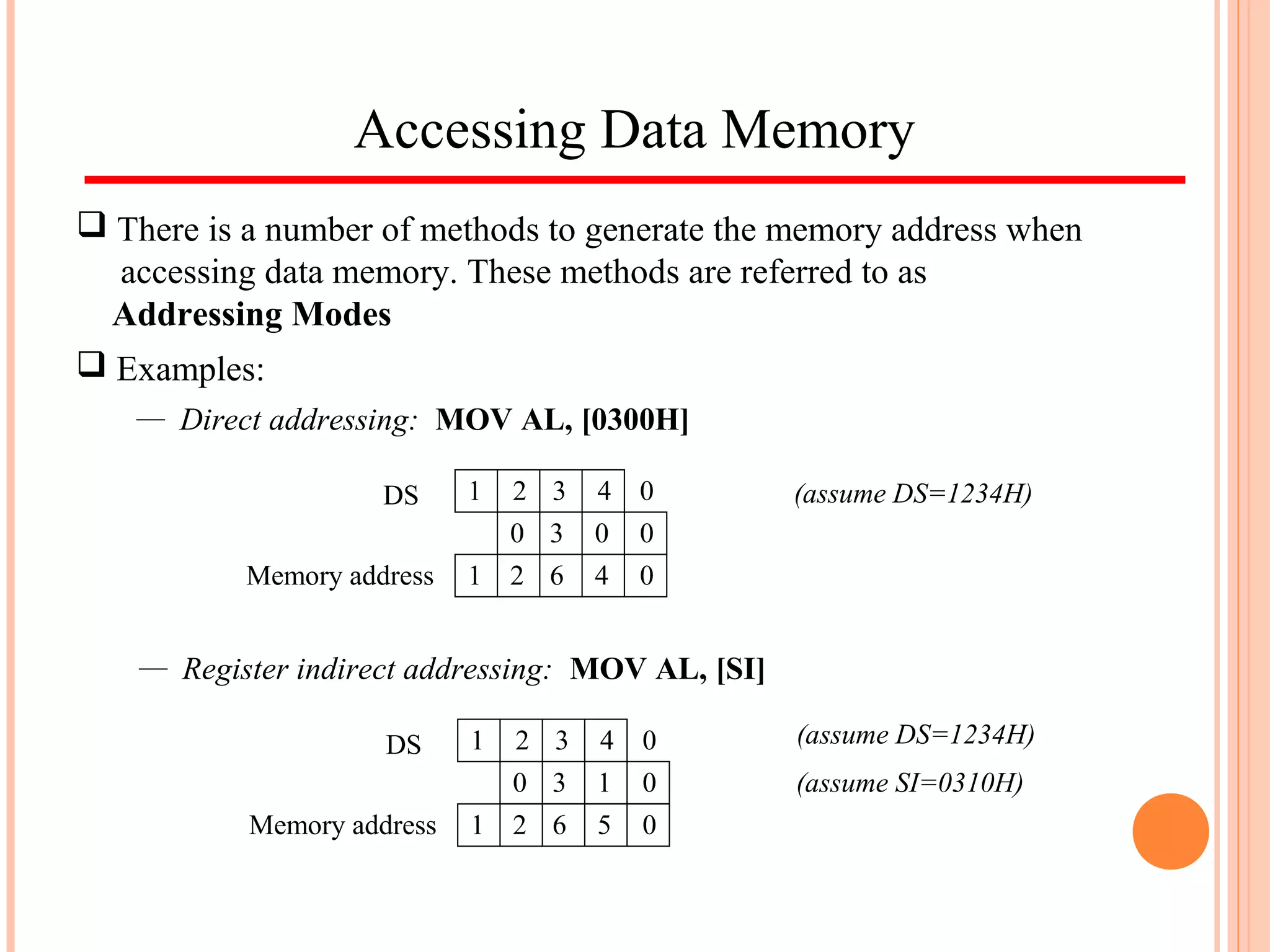 Accessing Data Memory
 There is a number of methods to generate the memory address when
accessing data memory. These methods are referred to as
Addressing Modes
 Examples:
— Direct addressing: MOV AL, [0300H]
1 2 3 4 0
0 3 0 0
2 6 4 01
DS
Memory address
(assume DS=1234H)
— Register indirect addressing: MOV AL, [SI]
1 2 3 4 0
0 3 1 0
2 6 5 01
DS
Memory address
(assume DS=1234H)
(assume SI=0310H)
 