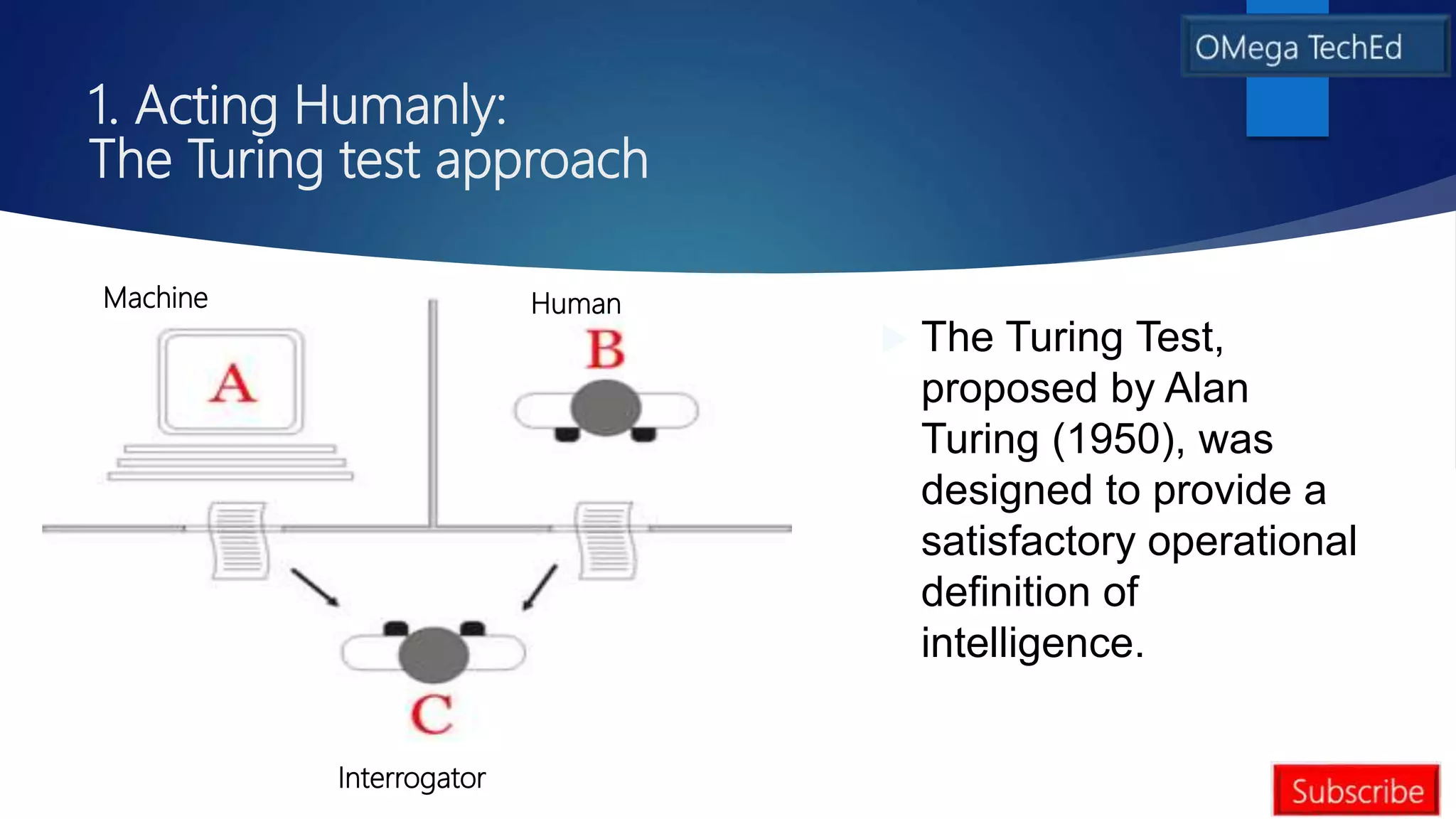 1. Acting Humanly:
The Turing test approach
 The Turing Test,
proposed by Alan
Turing (1950), was
designed to provide a
satisfactory operational
definition of
intelligence.
Interrogator
Human
Machine
 